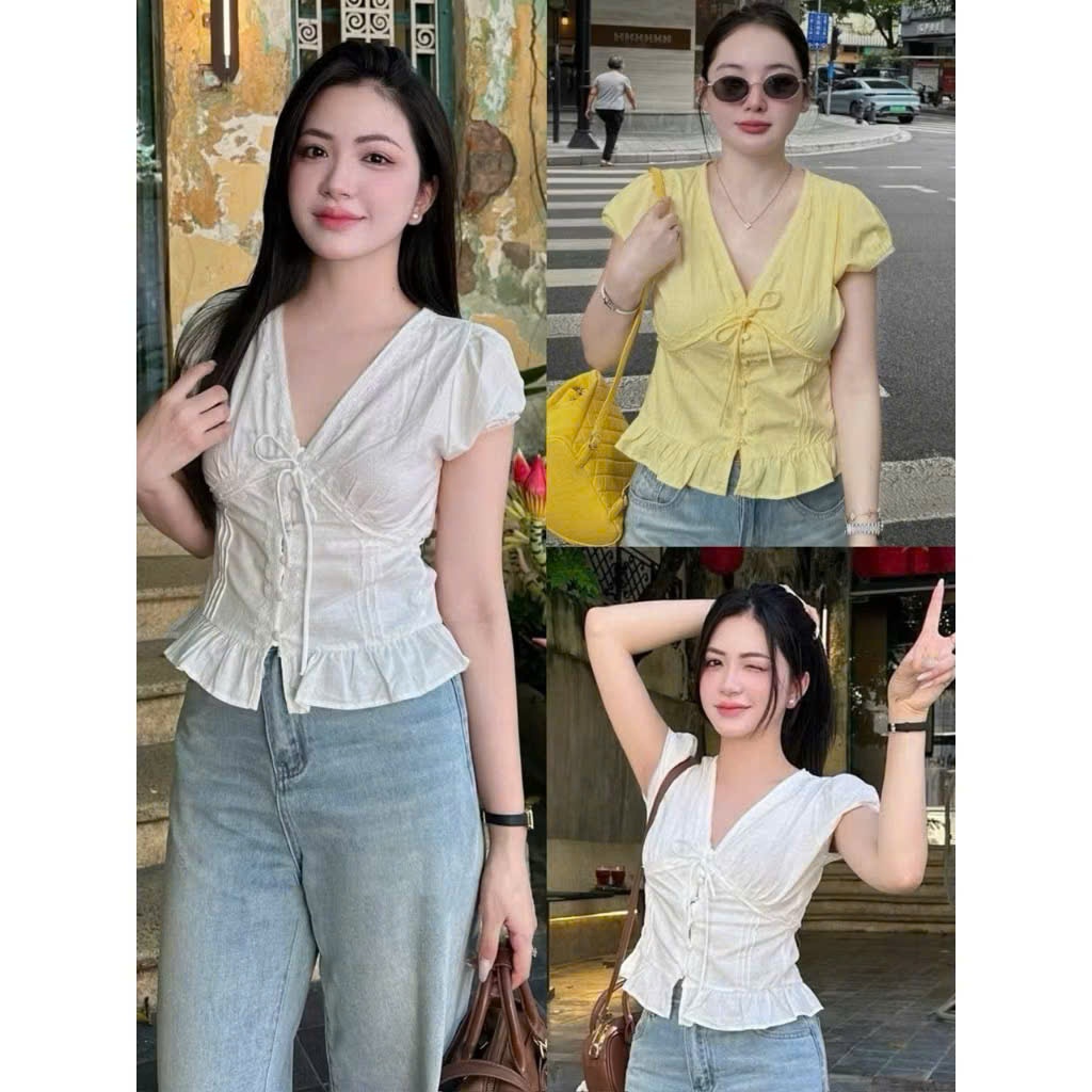 Áo cổ V tay bồng phối ren, dính cúc ngọc thắt nơ ngực xinh xắn điệu đà phong cách basic LALA A71