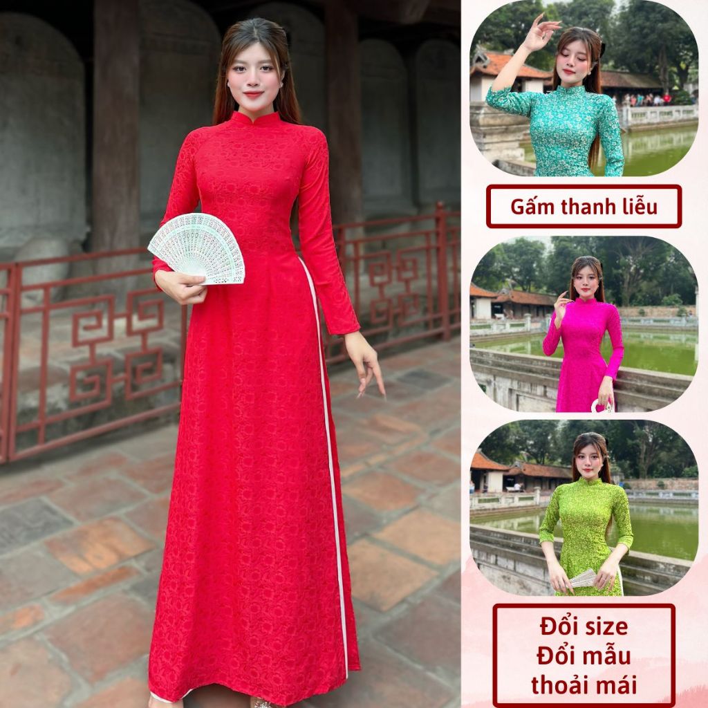 Áo dài truyền thống chất gấm hoa thanh liễu thiết kế cổ cao trẻ trung