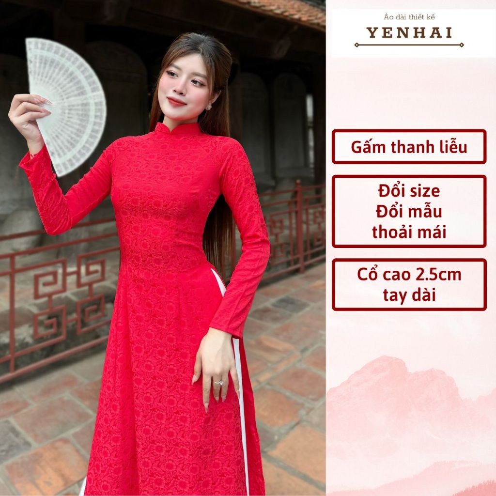 Áo dài truyền thống chất gấm hoa thanh liễu thiết kế cổ cao trẻ trung