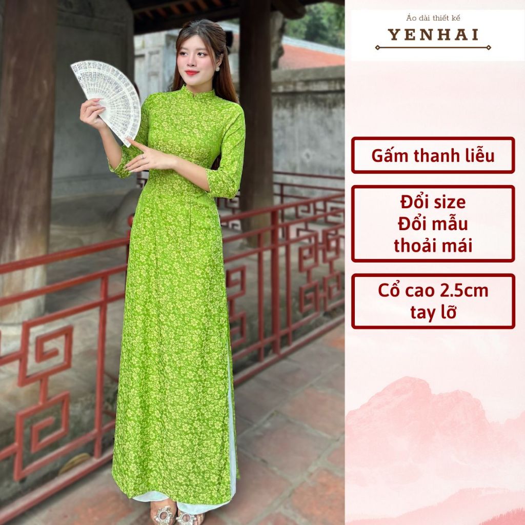 Áo dài truyền thống chất gấm hoa thanh liễu thiết kế cổ cao trẻ trung
