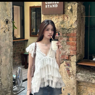 [A0.208] Áo Voan Cổ V Phối Ren Tầng Kem Quây 2 Màu Siêu Xinh