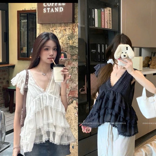 [A0.208] Áo Voan Cổ V Phối Ren Tầng Kem Quây 2 Màu Siêu Xinh