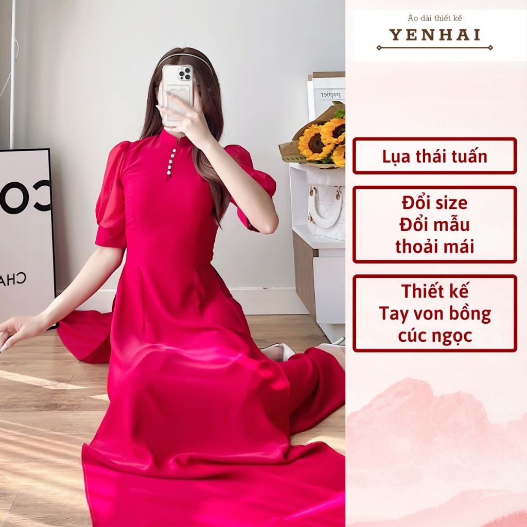 Áo dài thiết kế tay bồng von kết cúc ngọc chất lụa thái tuấn cao cấp - HT59