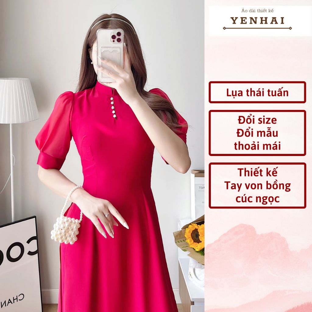 Áo dài thiết kế tay bồng von kết cúc ngọc chất lụa thái tuấn cao cấp - HT59