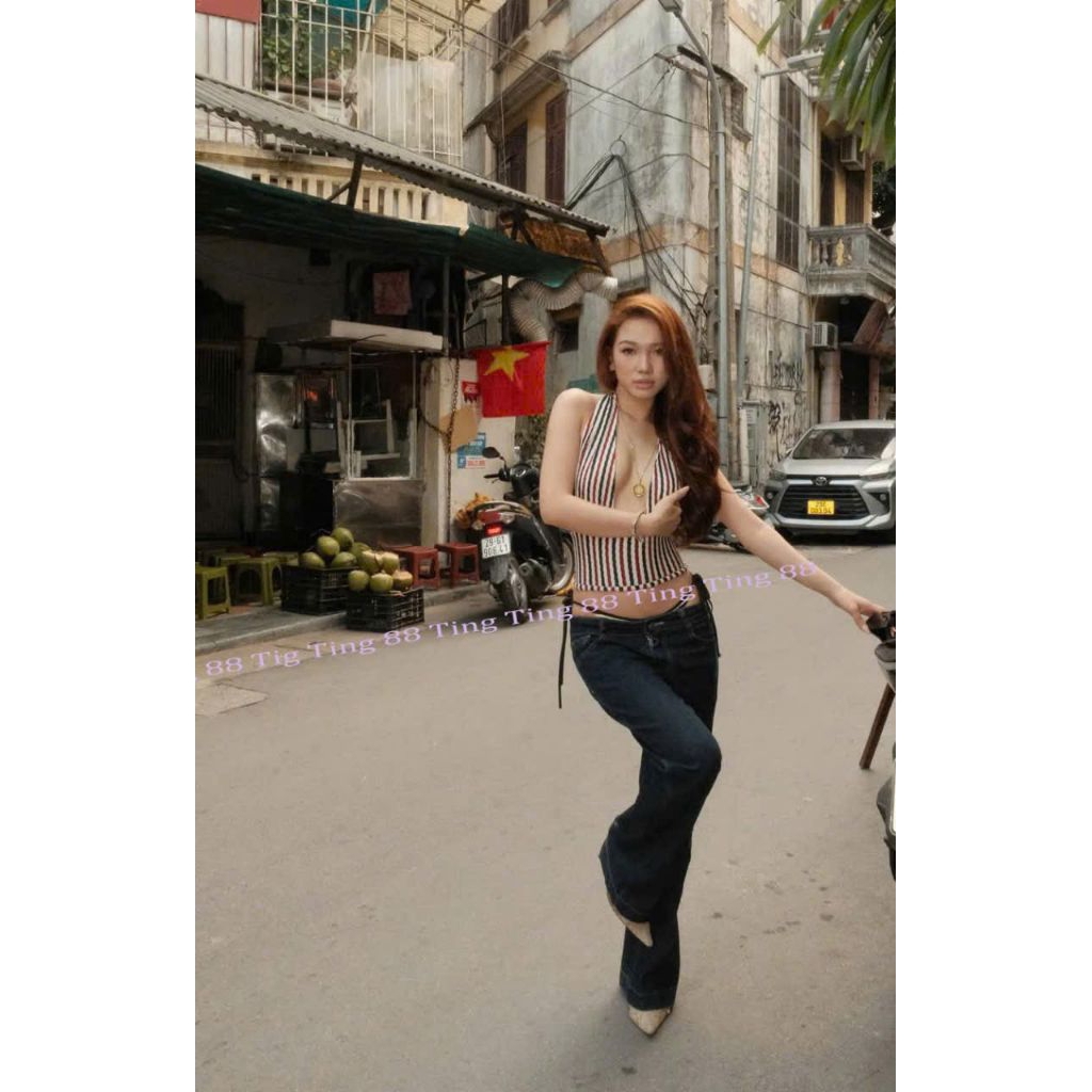 Ao cột dây Kẻ Sọc sexy co giãn, áo croptop hở lưng buộc dây TingTing 88