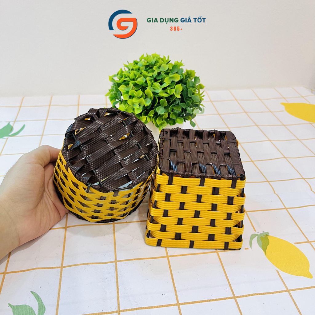 Giỏ cốc đựng giấy ăn nhựa giả mây siêu rẻ, nhỏ gọn để bàn ăn