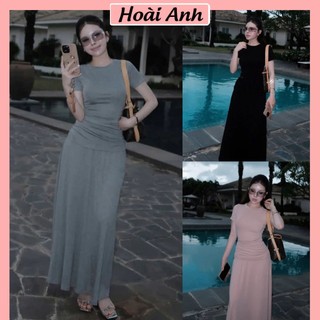 Set Bộ Đồ Nữ Thun TRơn Basic Áo Ngắn Tay NHún Rúm Eo Ôm Body Mix Chân Váy Dáng Dài