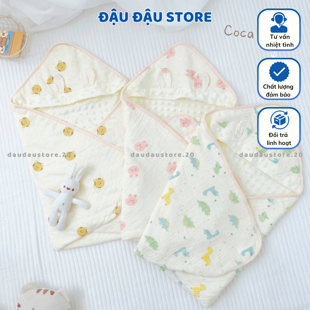 Chăn Ủ Choàng Xô Muslin Hạt đậu 2 Lớp 75x75cm Nhung Mềm Mịn Bốn Mùa Cho Bé Sơ Sinh ATT - Đậu Đậu Store
