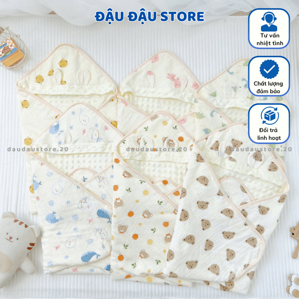 Chăn Ủ Choàng Xô Muslin Hạt đậu 2 Lớp 75x75cm Nhung Mềm Mịn Bốn Mùa Cho Bé Sơ Sinh ATT - Đậu Đậu Store