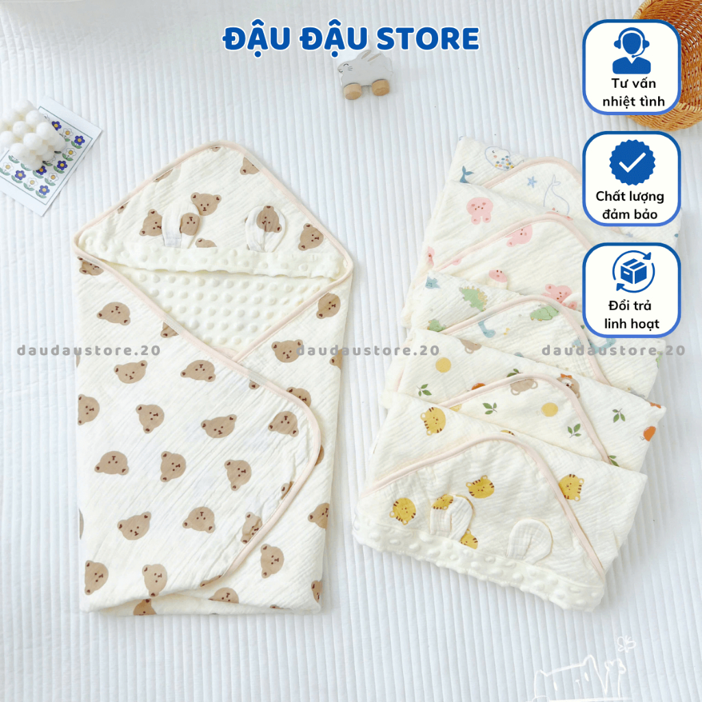 Chăn Ủ Choàng Xô Muslin Hạt đậu 2 Lớp 75x75cm Nhung Mềm Mịn Bốn Mùa Cho Bé Sơ Sinh ATT - Đậu Đậu Store