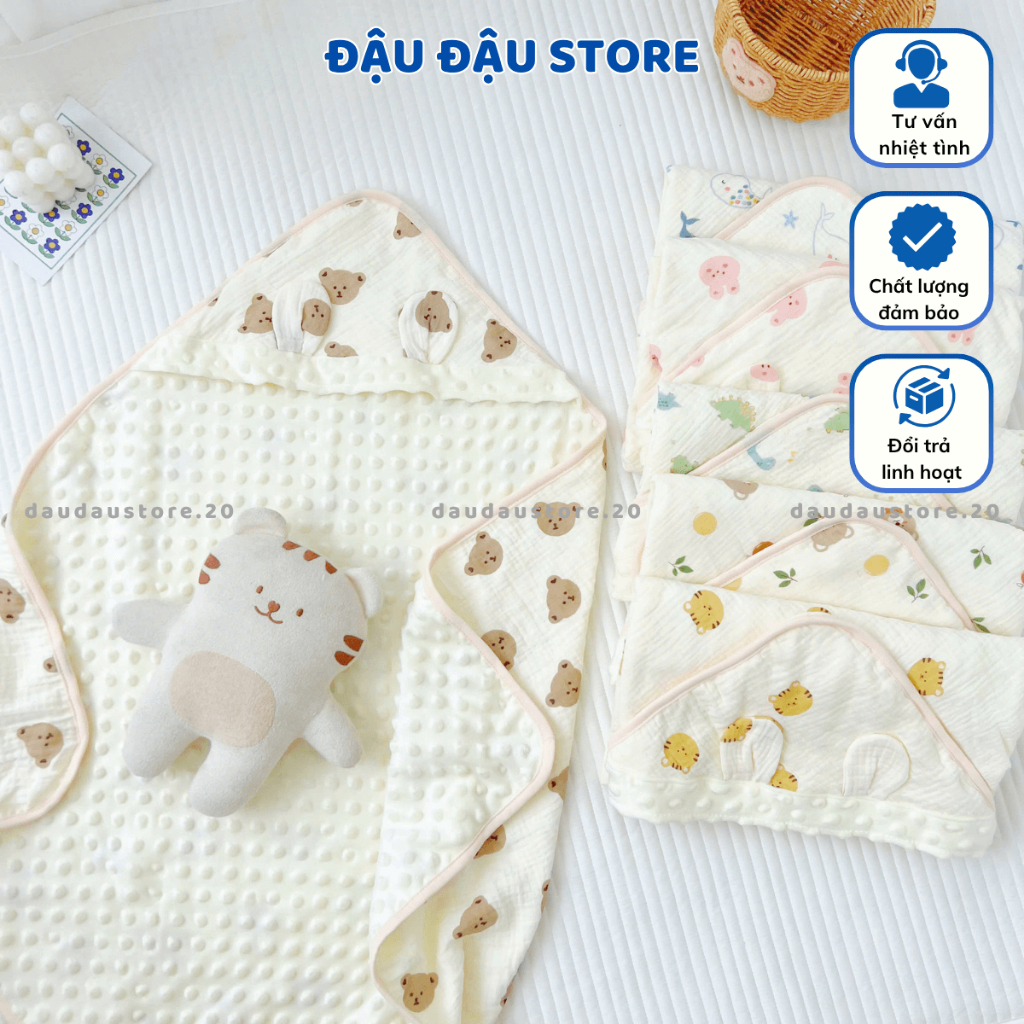 Chăn Ủ Choàng Xô Muslin Hạt đậu 2 Lớp 75x75cm Nhung Mềm Mịn Bốn Mùa Cho Bé Sơ Sinh ATT - Đậu Đậu Store