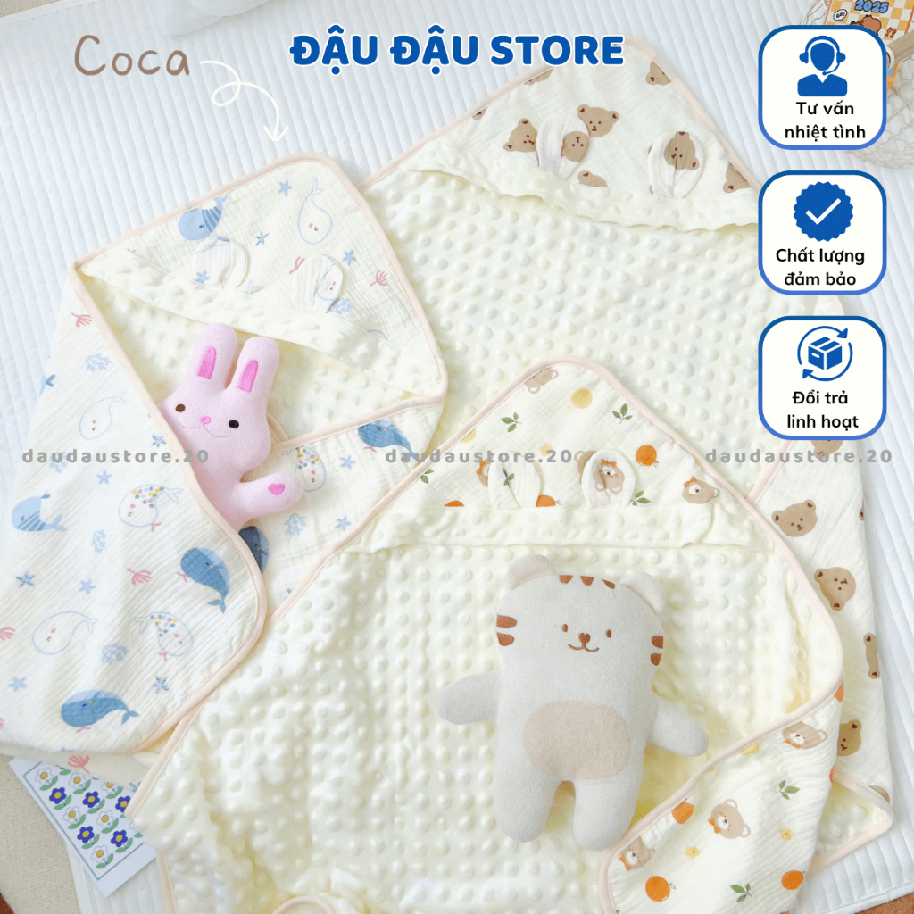 Chăn Ủ Choàng Xô Muslin Hạt đậu 2 Lớp 75x75cm Nhung Mềm Mịn Bốn Mùa Cho Bé Sơ Sinh ATT - Đậu Đậu Store