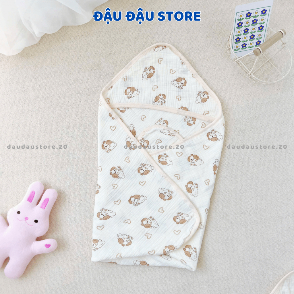 Ủ Choàng Xô Muslin 4 Lớp 70x70cm Có Mũ Tai Bèo Đa Năng Cho Bé Sơ Sinh ATT - Đậu Đậu Store