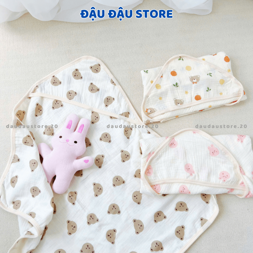 Ủ Choàng Xô Muslin 4 Lớp 70x70cm Có Mũ Tai Bèo Đa Năng Cho Bé Sơ Sinh ATT - Đậu Đậu Store