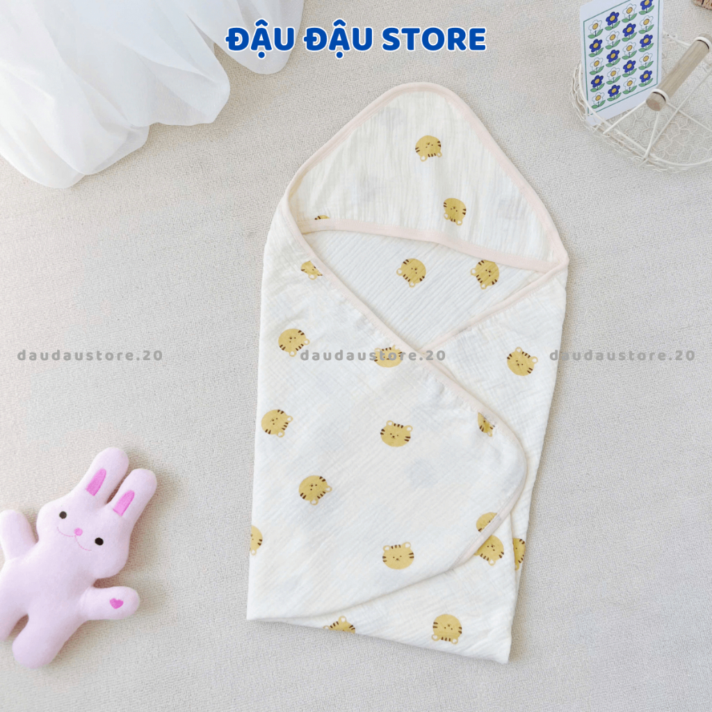 Ủ Choàng Xô Muslin 4 Lớp 70x70cm Có Mũ Tai Bèo Đa Năng Cho Bé Sơ Sinh ATT - Đậu Đậu Store