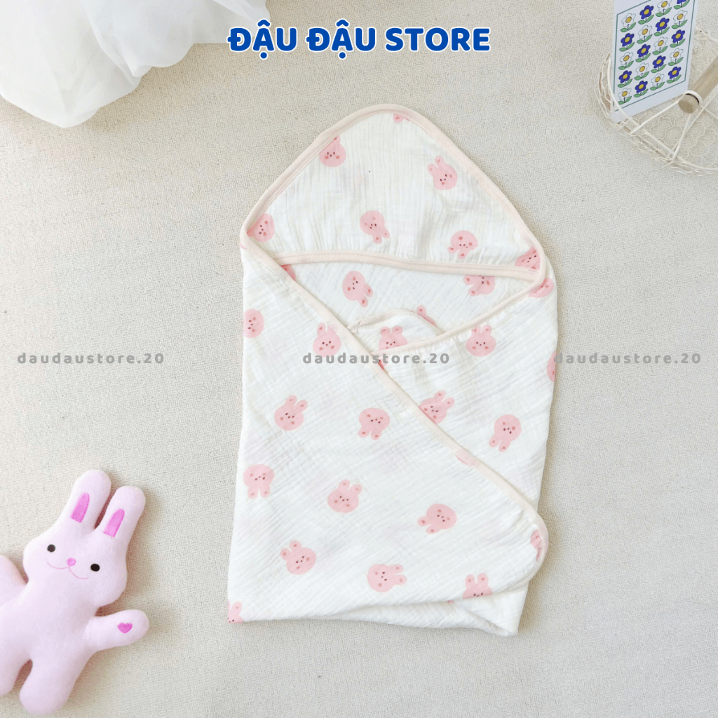 Ủ Choàng Xô Muslin 4 Lớp 70x70cm Có Mũ Tai Bèo Đa Năng Cho Bé Sơ Sinh ATT - Đậu Đậu Store