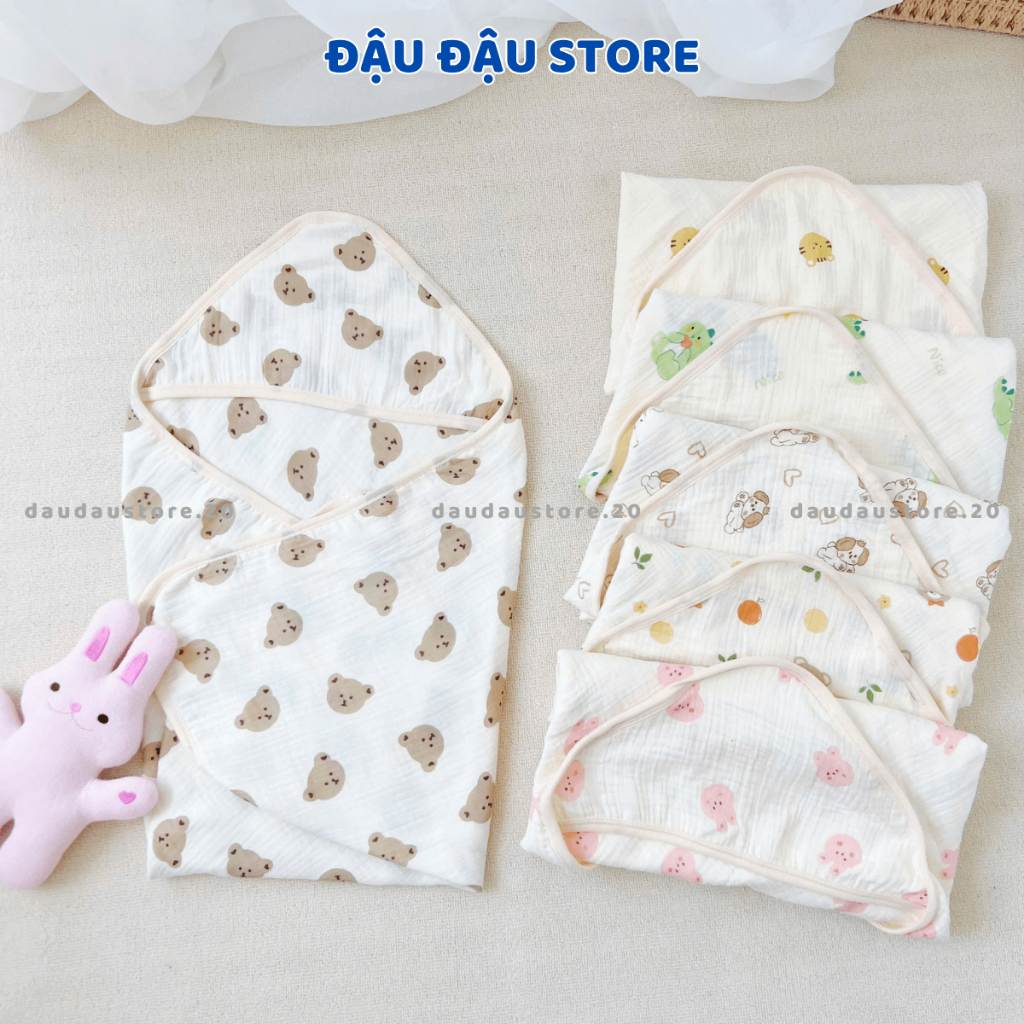 Ủ Choàng Xô Muslin 4 Lớp 70x70cm Có Mũ Tai Bèo Đa Năng Cho Bé Sơ Sinh ATT - Đậu Đậu Store
