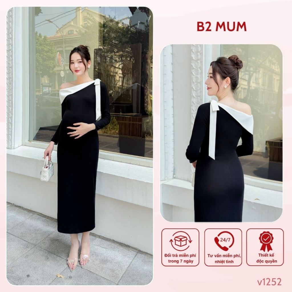 Váy bầu đi tiệc thiết kế lệch vai sang trọng, thanh lịch - phù hợp để mặc trong buổi tiệc - V1252 B2MUM