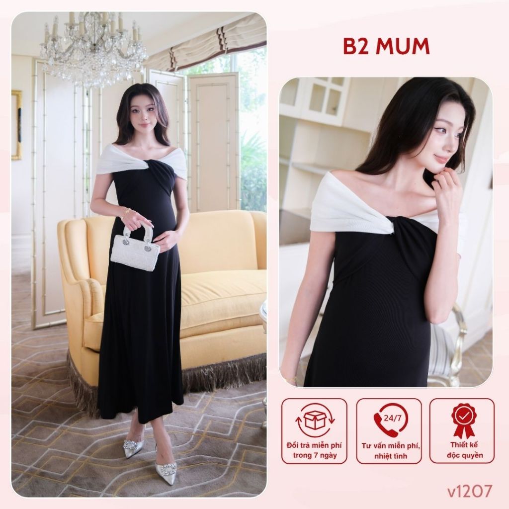 Váy bầu thiết kế váy tiệc trễ vai đen chất tăm hàn mềm, mát thấm hút mồ hôi V1207 B2MUM