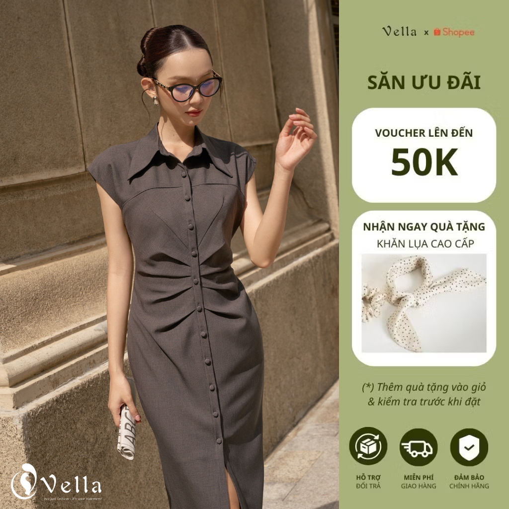 Đầm công sở cổ sơ mi dáng ôm xếp ly tôn dáng sang trọng – Vella Fashion VD25061