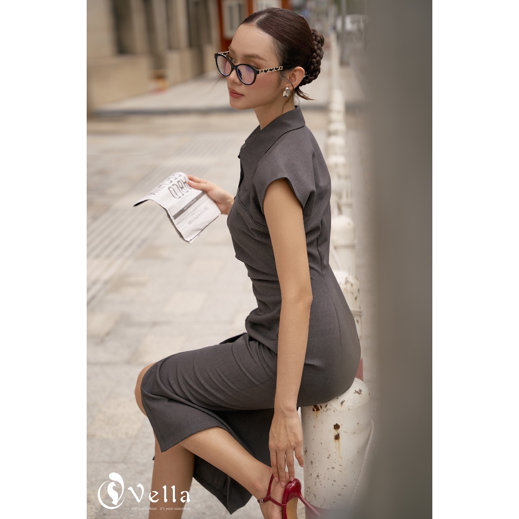 Đầm công sở cổ sơ mi dáng ôm xếp ly tôn dáng sang trọng – Vella Fashion VD25061