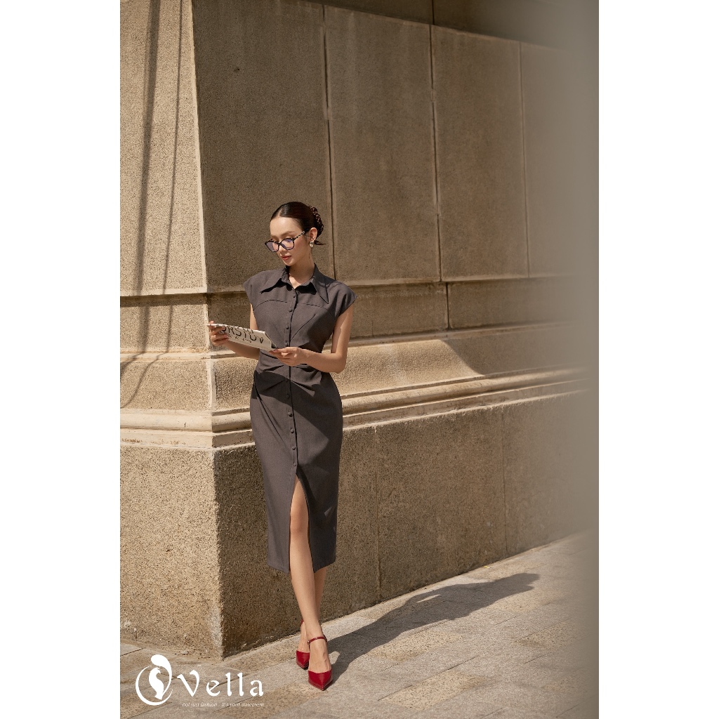 Đầm công sở cổ sơ mi dáng ôm xếp ly tôn dáng sang trọng – Vella Fashion VD25061