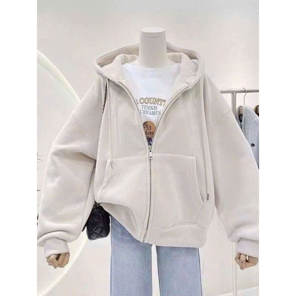 Áo Khoác Nỉ trơn Có Khóa Kéo Mũ 2 lớp Form Rộng Unisex- áo khoác nỉ trơn