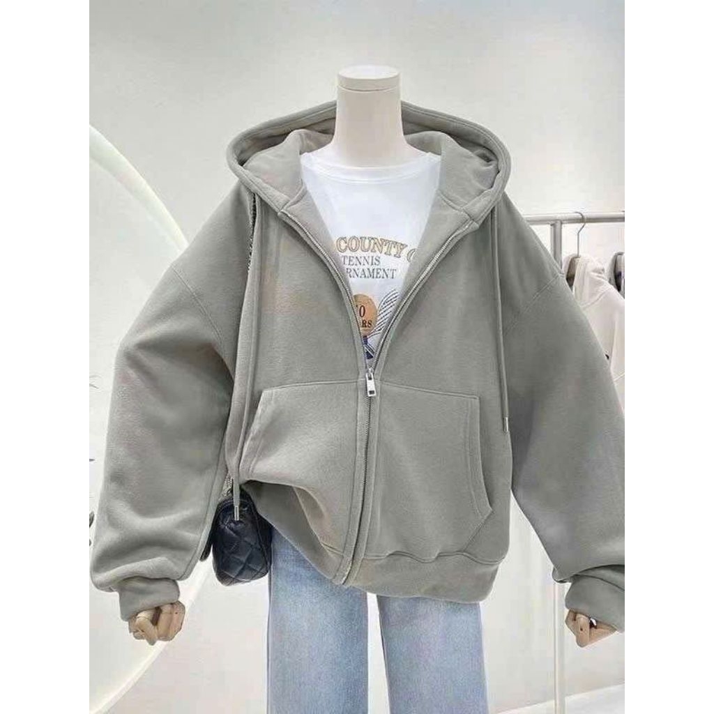 Áo Khoác Nỉ trơn Có Khóa Kéo Mũ 2 lớp Form Rộng Unisex- áo khoác nỉ trơn
