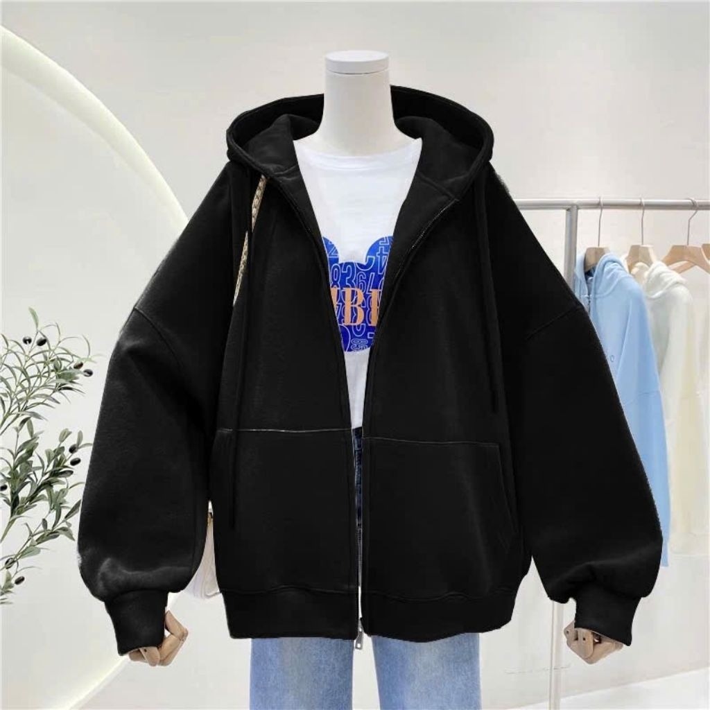 Áo Khoác Nỉ trơn Có Khóa Kéo Mũ 2 lớp Form Rộng Unisex- áo khoác nỉ trơn