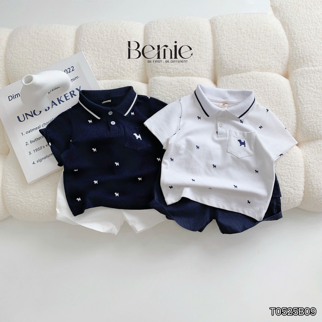 Bộ polo in tràn hoạ tiết puster, set bộ polo bé trai phối quần kaki cá tính T0525B09