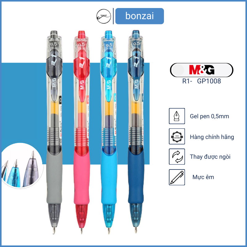 Bút Gel Bấm M&G GP1008–0.5mm + Ruột – Mực Đen/Xanh/Đỏ/Tím–Viết Trơn bút nước bút mực nước bút học sinh bút văn phòng