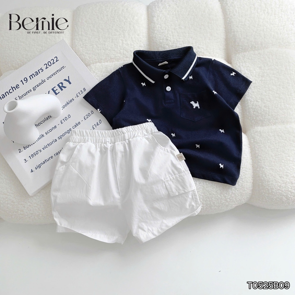 Bộ polo in tràn hoạ tiết puster, set bộ polo bé trai phối quần kaki cá tính T0525B09