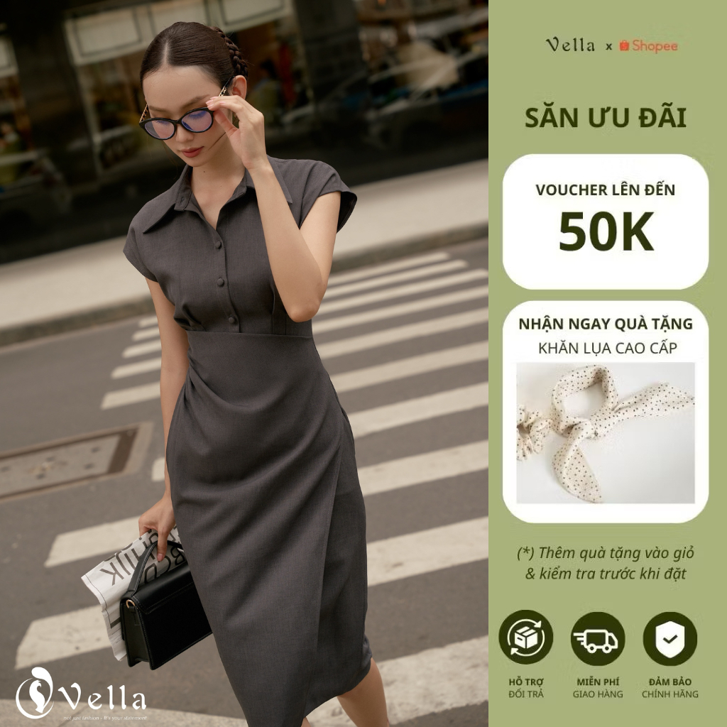 Đầm công sở cổ sơ mi tay ngắn dáng ôm - Vella Fashion VD25077