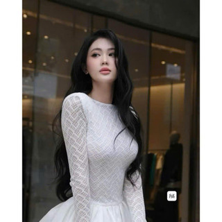 ĐẦm Xốp Ren Lưới Cổ tròn Phối Tắc Ca Bồng Bềnh Dáng Xòe Ngắn