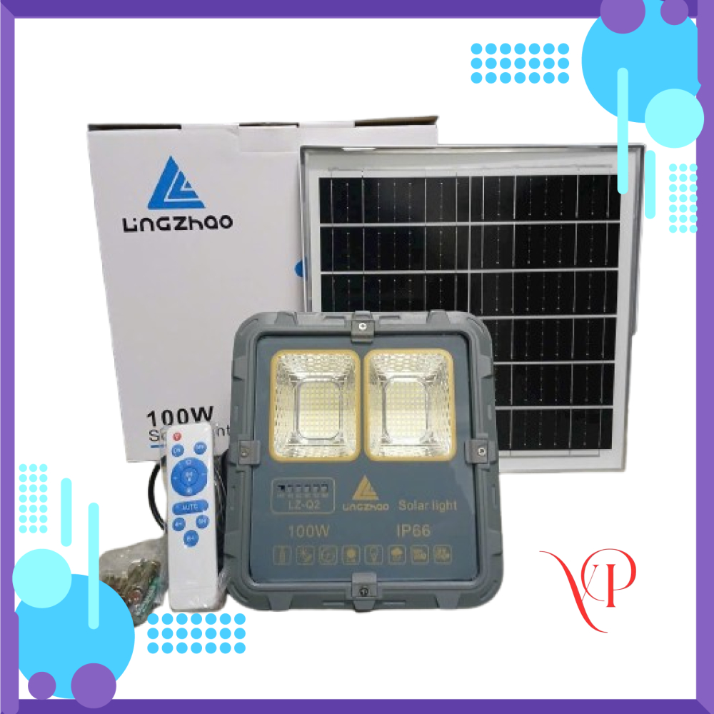 ĐÈN PHA NĂNG LƯỢNG MẶT TRỜI 100W QF - Hiệu LINGZHAO vỏ nhôm kháng bụi, kháng nước IP66 có Remote