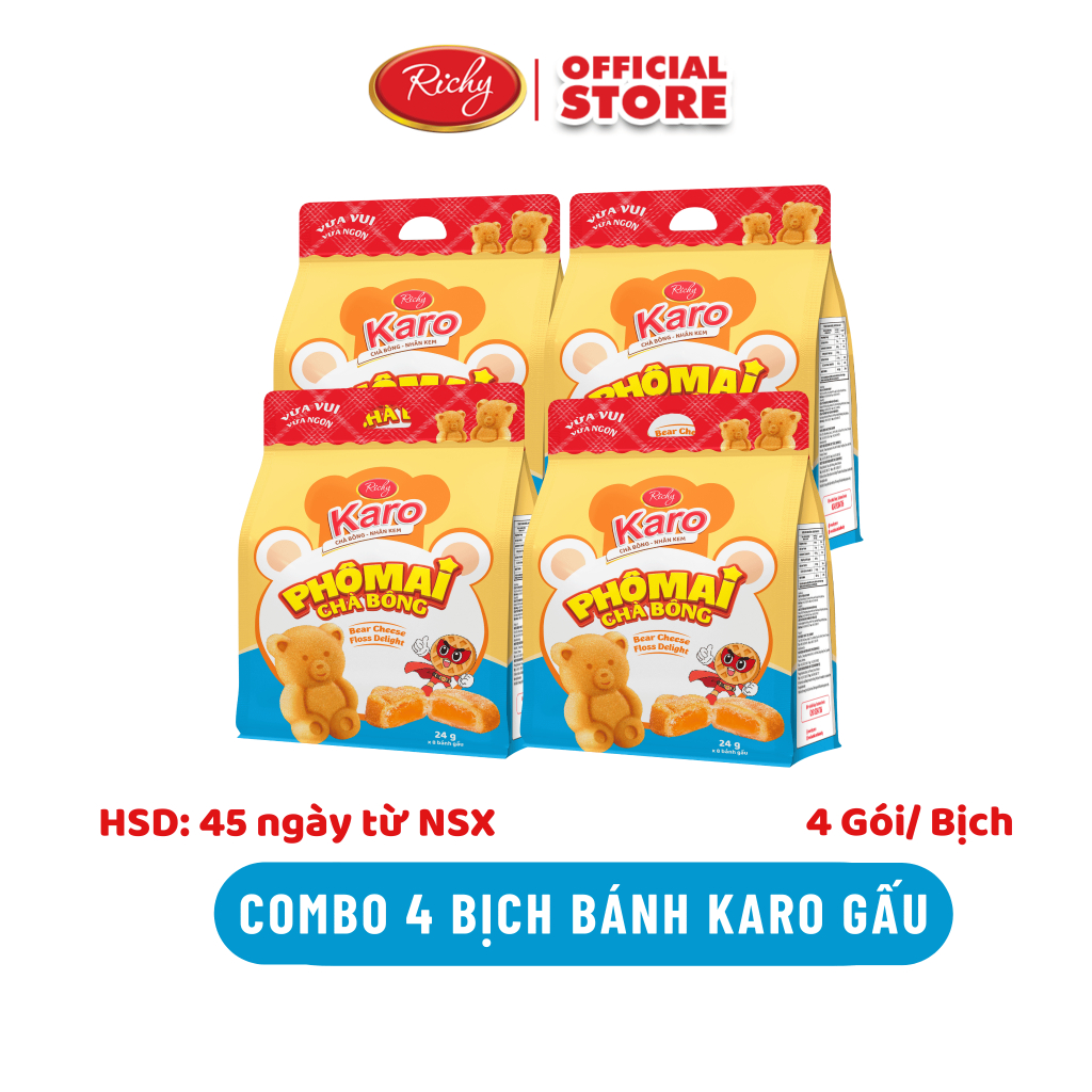 [TẶNG  QUÀ ĐƠN TỪ 129K]Combo 4 bịch bánh Karo Gấu chà bông nhân phô mai béo ngậy, HSD 45 ngày - cân nhắc khi đặt SLL