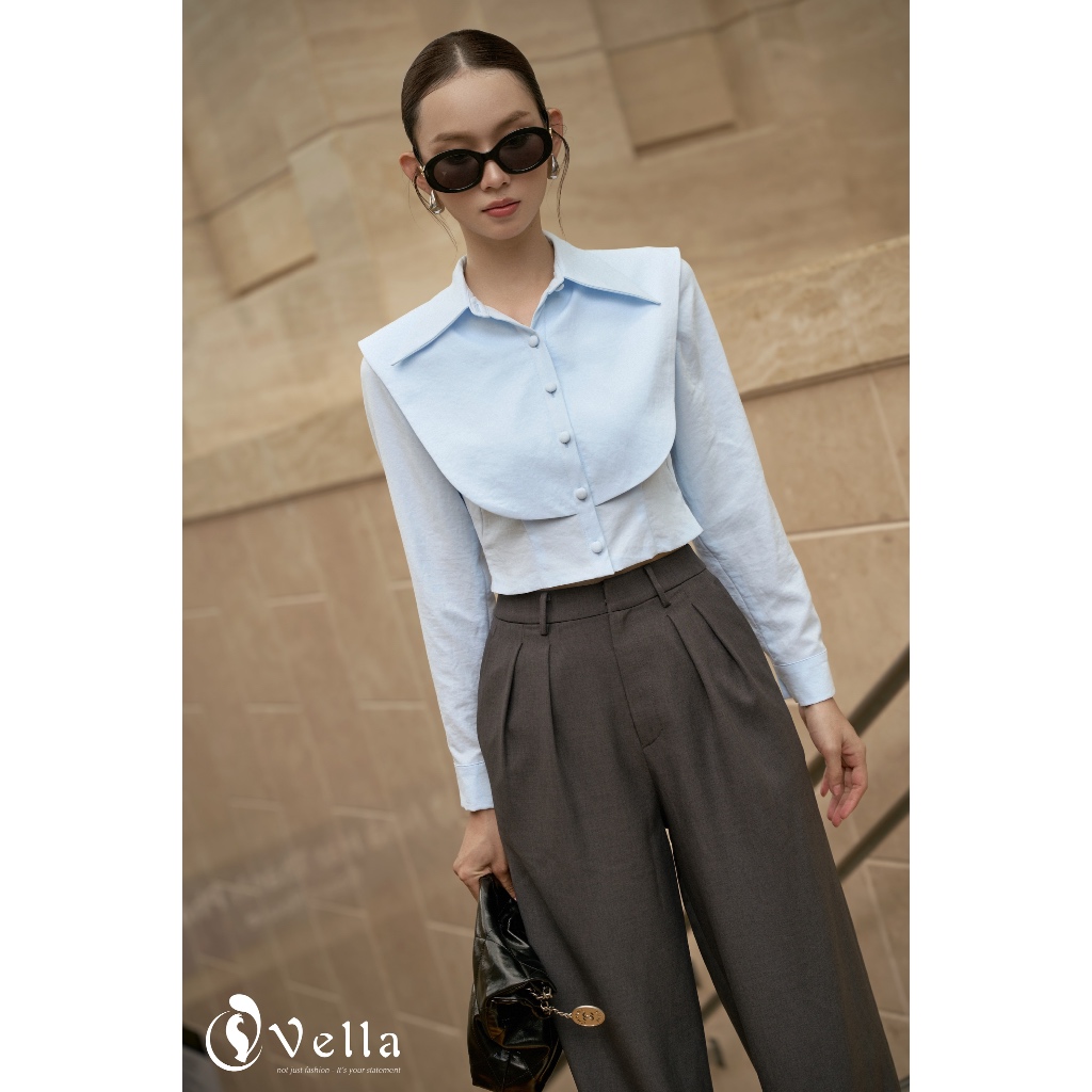 Áo sơ mi nữ croptop dài tay xanh baby - sơ mi công sở nữ thời trang cao cấp Vella Fashion VA25065