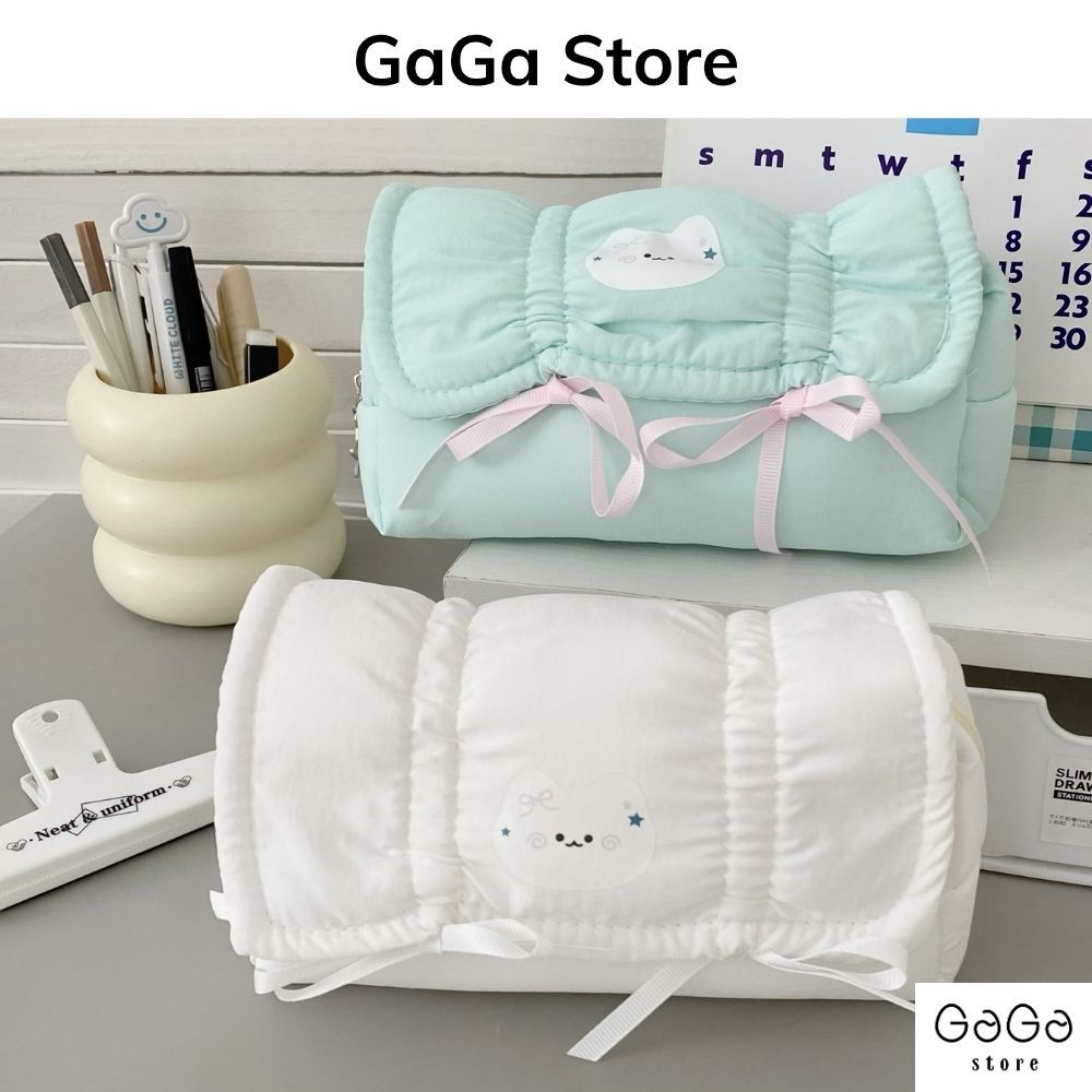 Bóp viết,hộp đựng bút vải phao in thỏ thắt nơ dễ thương style Hàn Quốc vừa máy tính PKV062 gagastore
