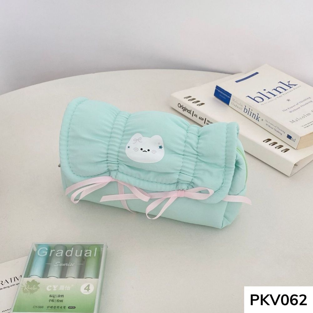 Bóp viết,hộp đựng bút vải phao in thỏ thắt nơ dễ thương style Hàn Quốc vừa máy tính PKV062 gagastore