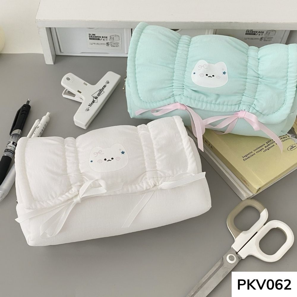 Bóp viết,hộp đựng bút vải phao in thỏ thắt nơ dễ thương style Hàn Quốc vừa máy tính PKV062 gagastore