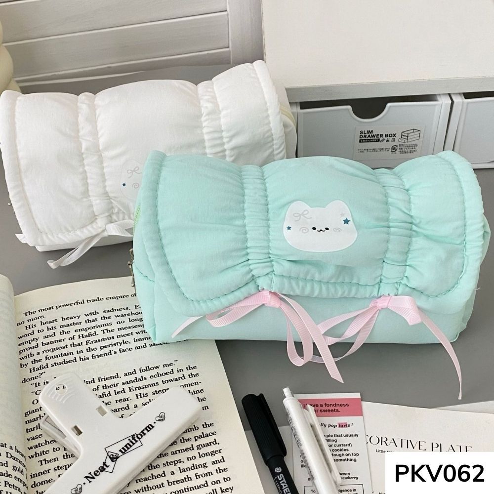 Bóp viết,hộp đựng bút vải phao in thỏ thắt nơ dễ thương style Hàn Quốc vừa máy tính PKV062 gagastore