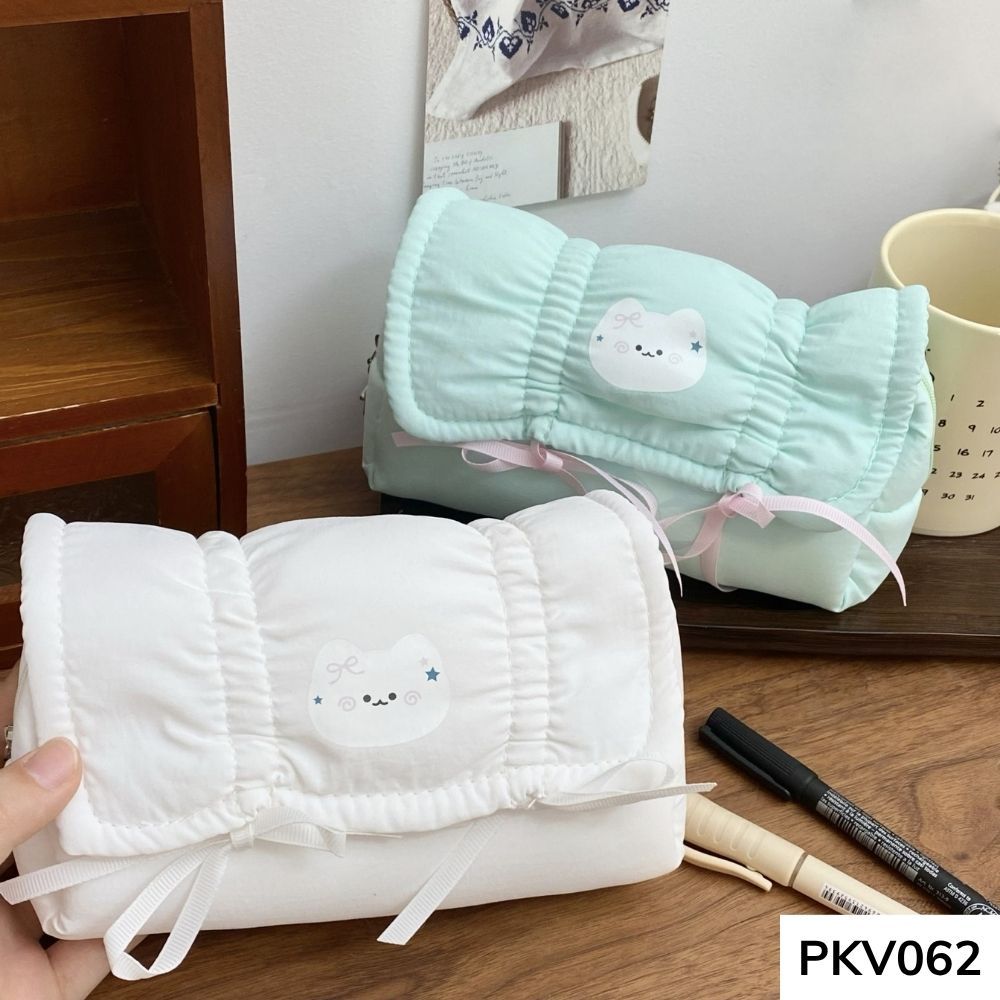 Bóp viết,hộp đựng bút vải phao in thỏ thắt nơ dễ thương style Hàn Quốc vừa máy tính PKV062 gagastore