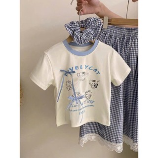 [B&G] Sét váy áo thun cotton viền cổ kèm chân váy kẻ phối ren cho bé gái từ 12-45kg(2-12 tuổi)