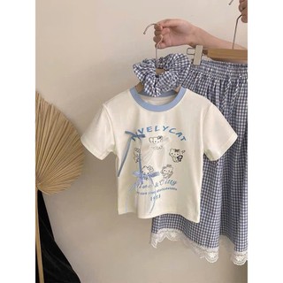 [B&G] Sét váy áo thun cotton viền cổ kèm chân váy kẻ phối ren cho bé gái từ 12-45kg(2-12 tuổi)