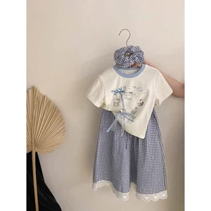 Sét váy áo thun cotton viền cổ kèm chân váy kẻ phối ren cho bé gái từ 12-45kg(2-12 tuổi)