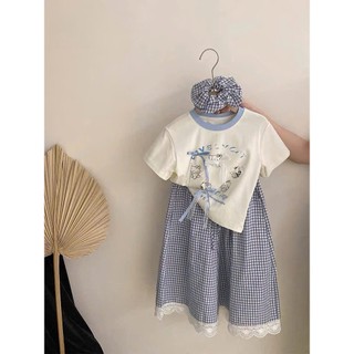 [B&G] Sét váy áo thun cotton viền cổ kèm chân váy kẻ phối ren cho bé gái từ 12-45kg(2-12 tuổi)
