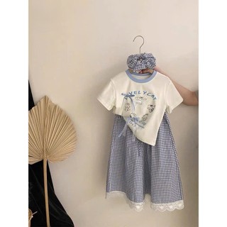 [B&G] Sét váy áo thun cotton viền cổ kèm chân váy kẻ phối ren cho bé gái từ 12-45kg(2-12 tuổi)