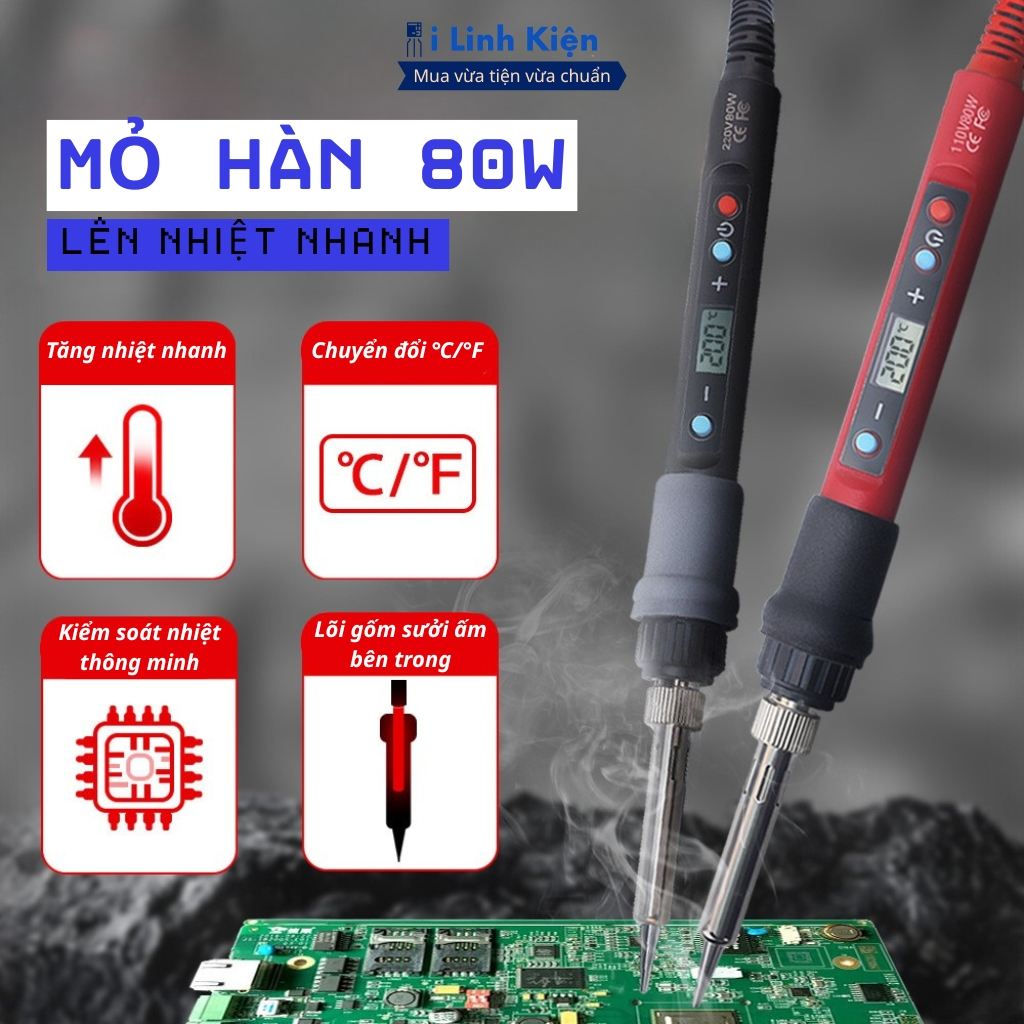 Mỏ hàn 80W điều chỉnh nhiệt độ kèm mũi hàn xịn không bị đen đầu bền bỉ chất lượng cao ILinhkien