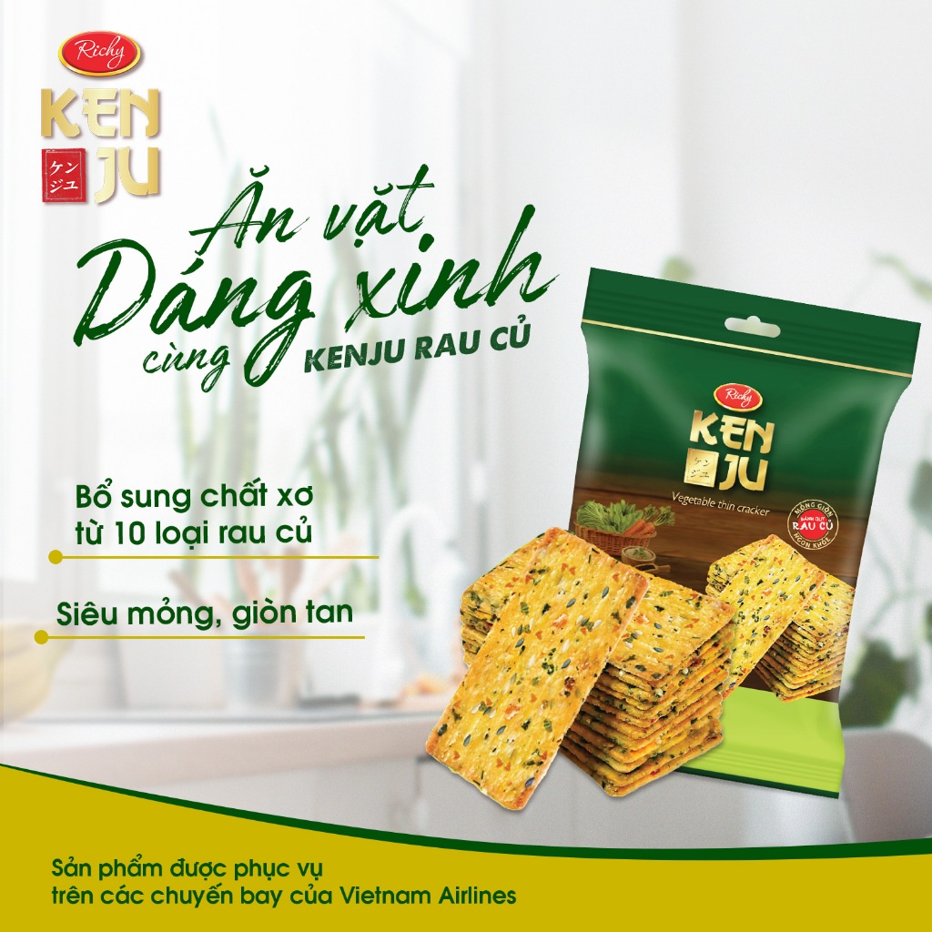 [TẶNG QUẠT ĐƠN 180K]  Combo 2 Bánh Kenju kem dẻo túi 186g, Bánh Kenju rau củ túi 192g, Bánh Kẹo Richy