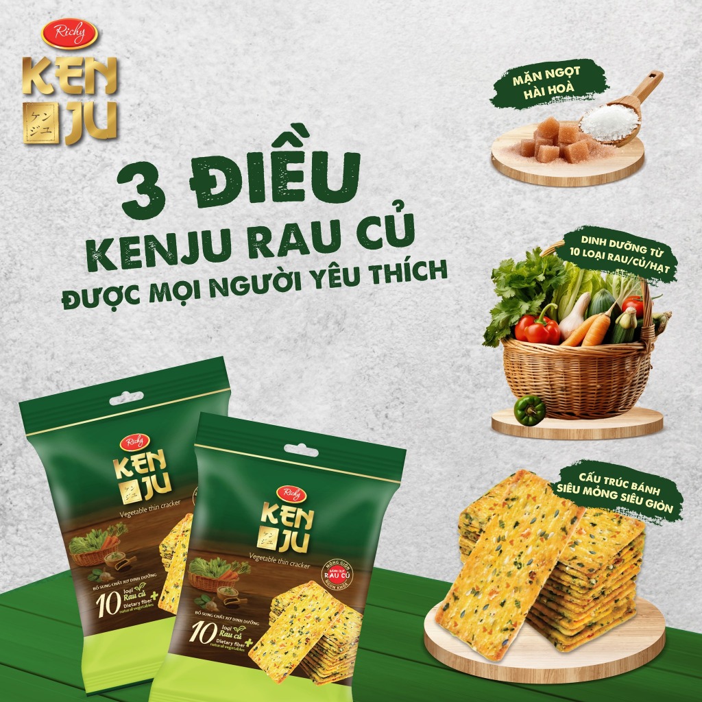 [TẶNG QUẠT ĐƠN 180K]  Combo 2 Bánh Kenju kem dẻo túi 186g, Bánh Kenju rau củ túi 192g, Bánh Kẹo Richy